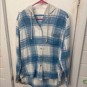 Time and Tru Blue and White Checkered Hooded Shirt